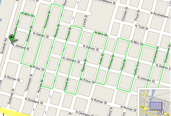 Picture of a map with the parade route weaving back and forth through a targeted neighborhood